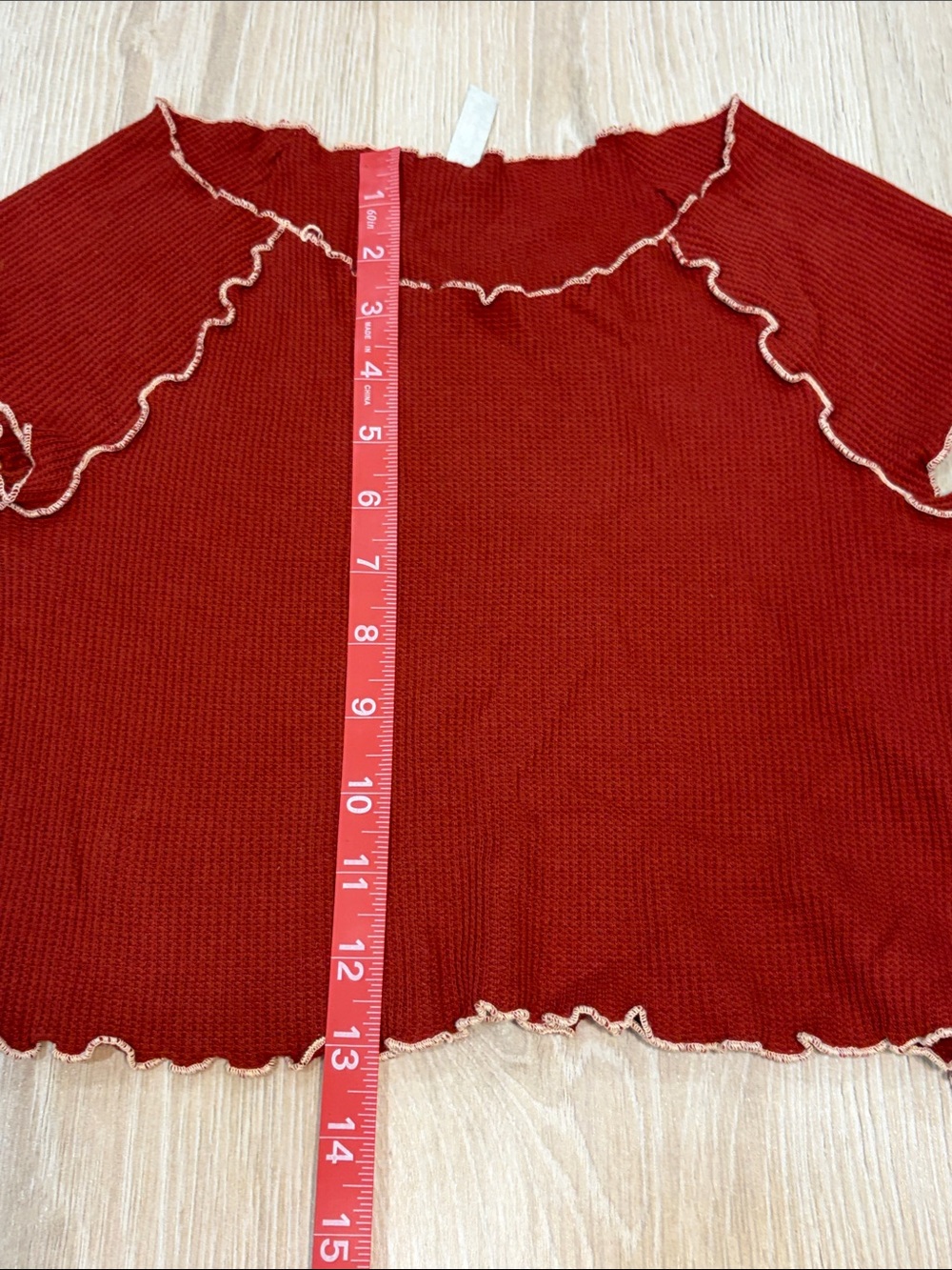 Rust Contrast-Trim Ribbed Lettuce-Edge Crop Top - Picture 6 of 7